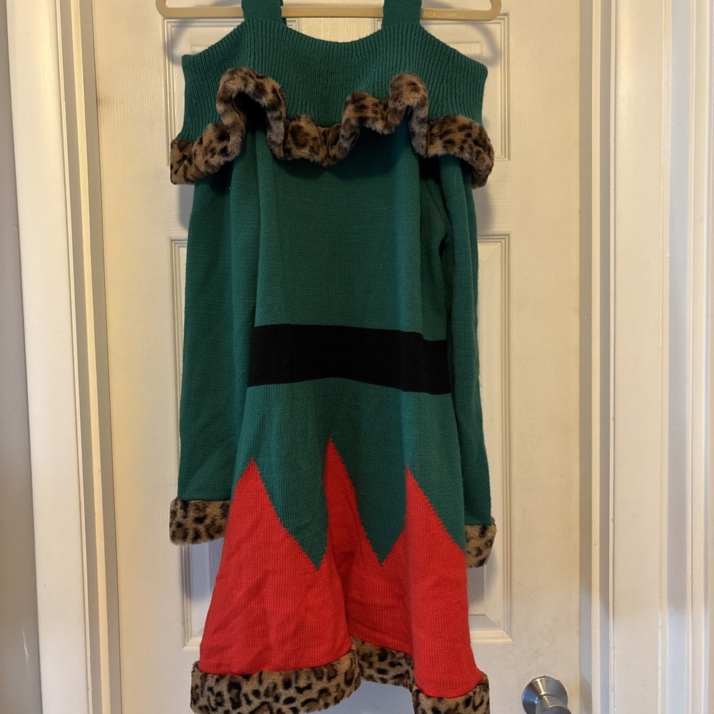 Womens 1X 16/18‎ Red Green Leopard Print Fuzzy Trim Elf Christmas Sweater Dress - Picture 5 of 5